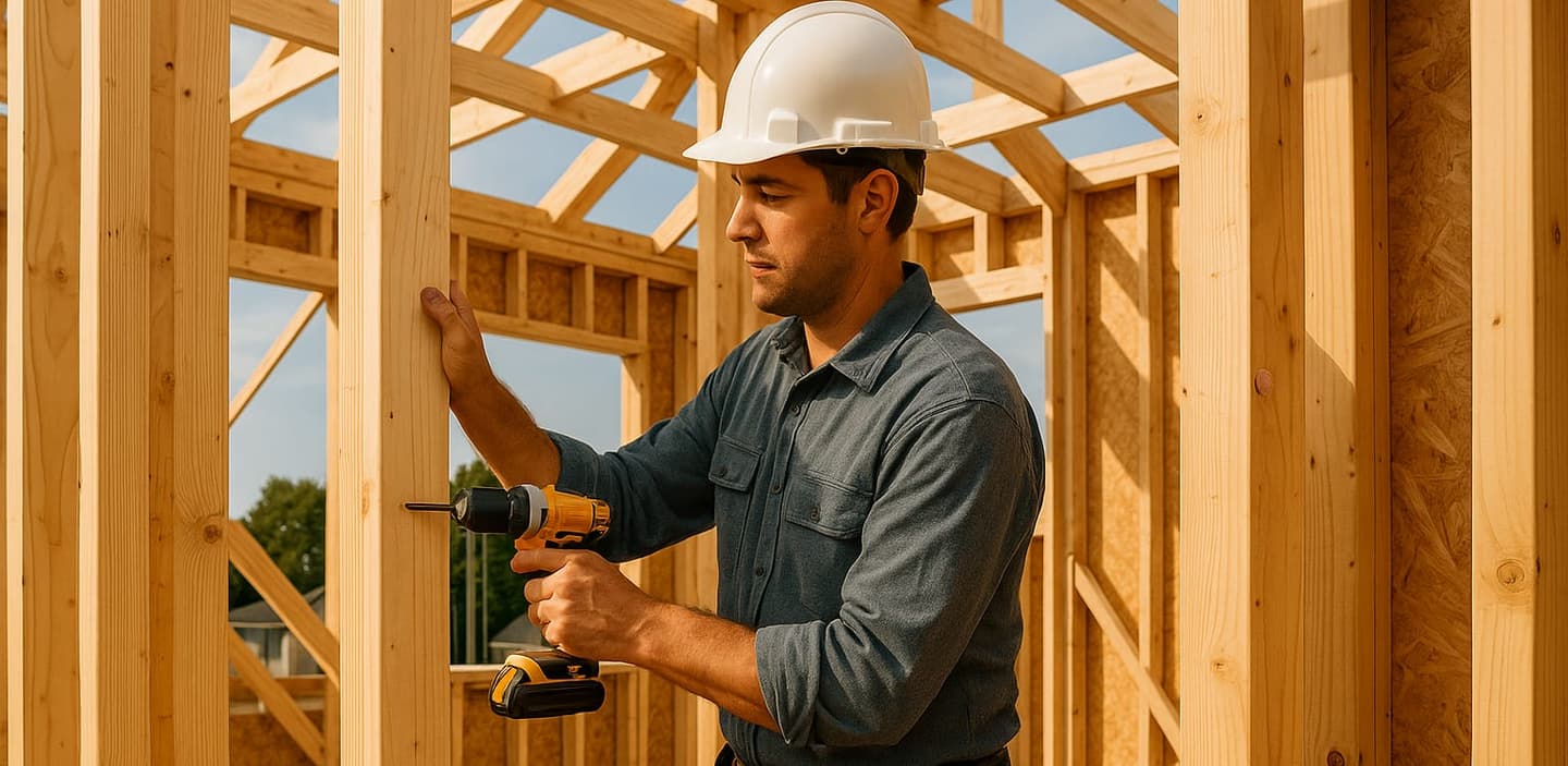 Contractor framing a residential build for a trades business